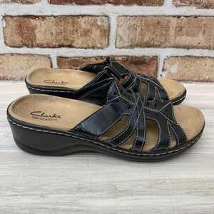 Clarks Bendables Black Leather Wedge Sandals Comfort Women Size 7.5M